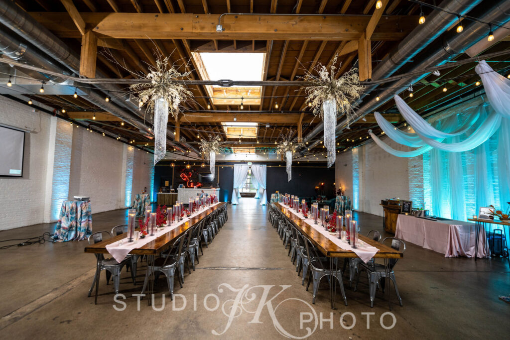 A contemporary holiday party at SKYLIGHT, a corporate event venue in Denver, Colorado.