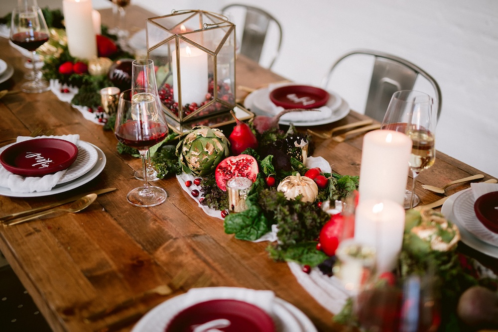 Guest table decor at holiday party at SKYLIGHT