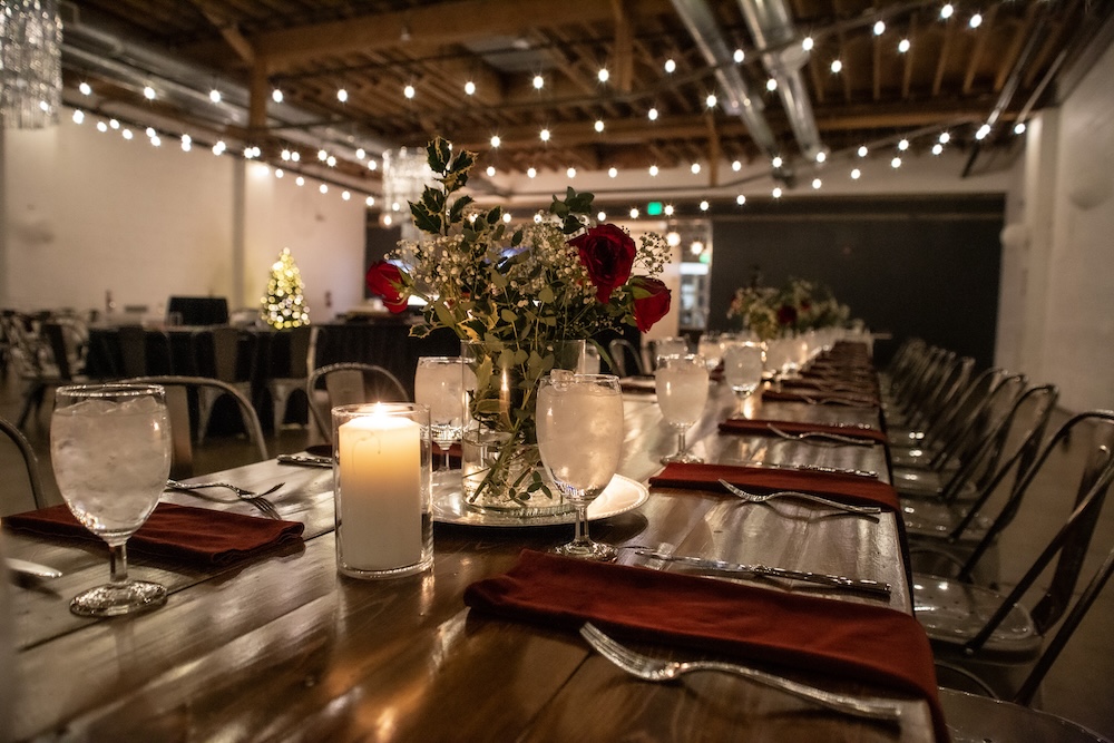 Holiday party dinner table at SKYLIGHT