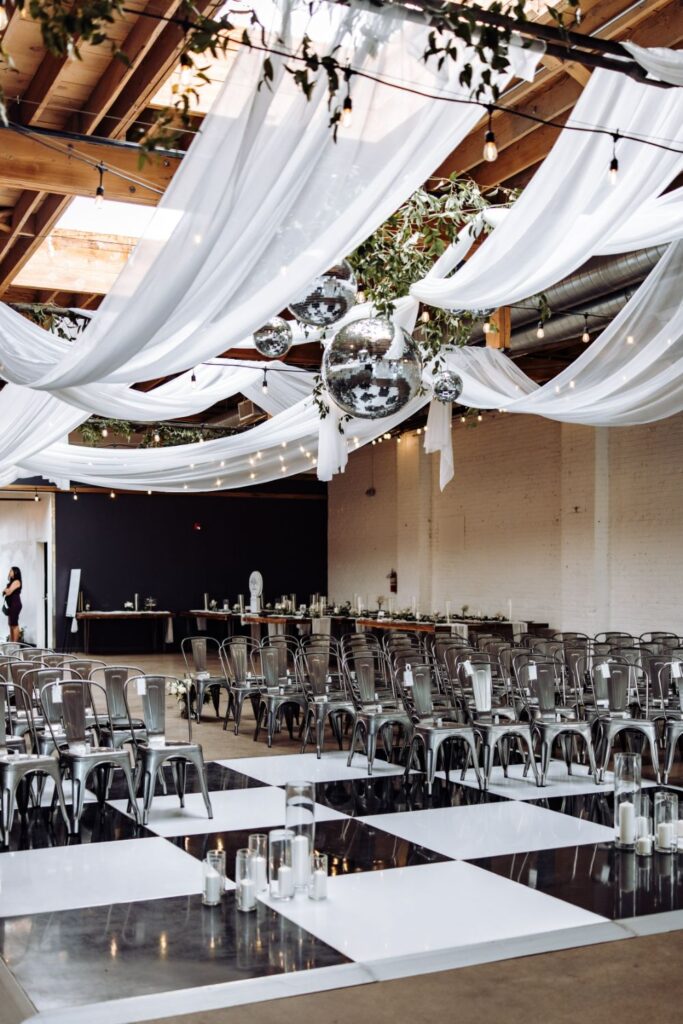 Wedding ceremony at SKYLIGHT with black and white checkered floor