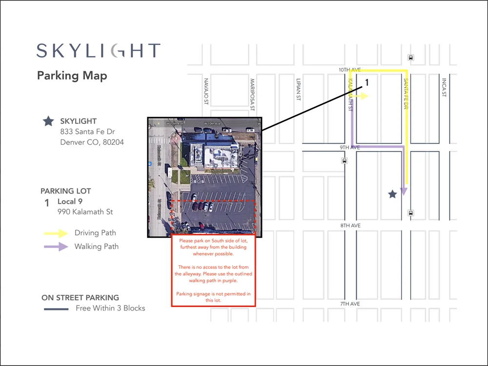 Map of where to park around SKYLIGHT in Denver, CO
