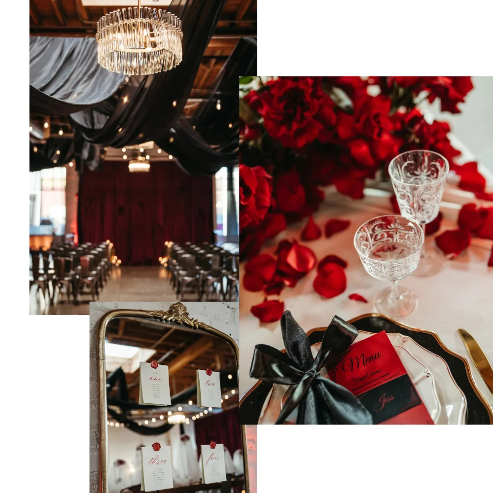 Collage of images from SKYLIGHT's 'til death' themed open house featuring dark draping, gold and black accents and red roses