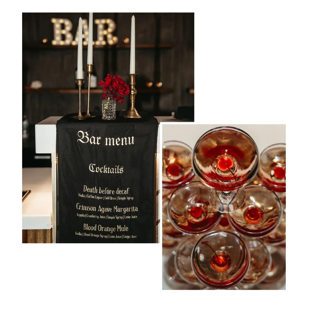 Collage of champagne tower with red cherries and bar menu at SKYLIGHT Denver wedding venue open house