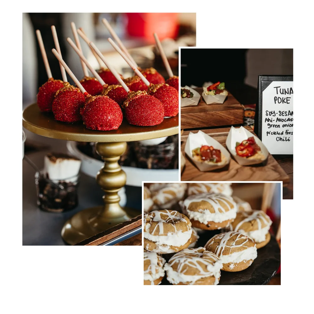 Collage of small bites and desserts at SKYLIGHT Denver wedding venue open house