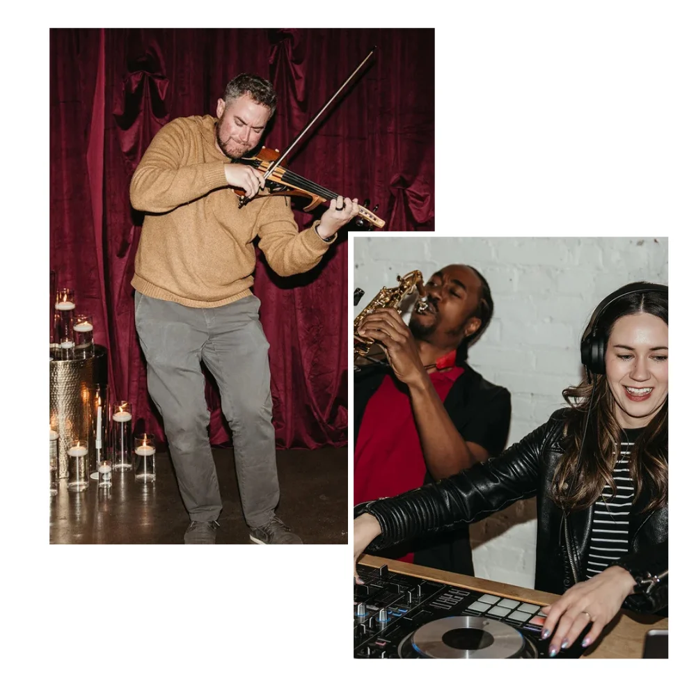 Collage of two images - one with a man playing an electric violin and the other with a female DJ spinning and another musician playing a sax