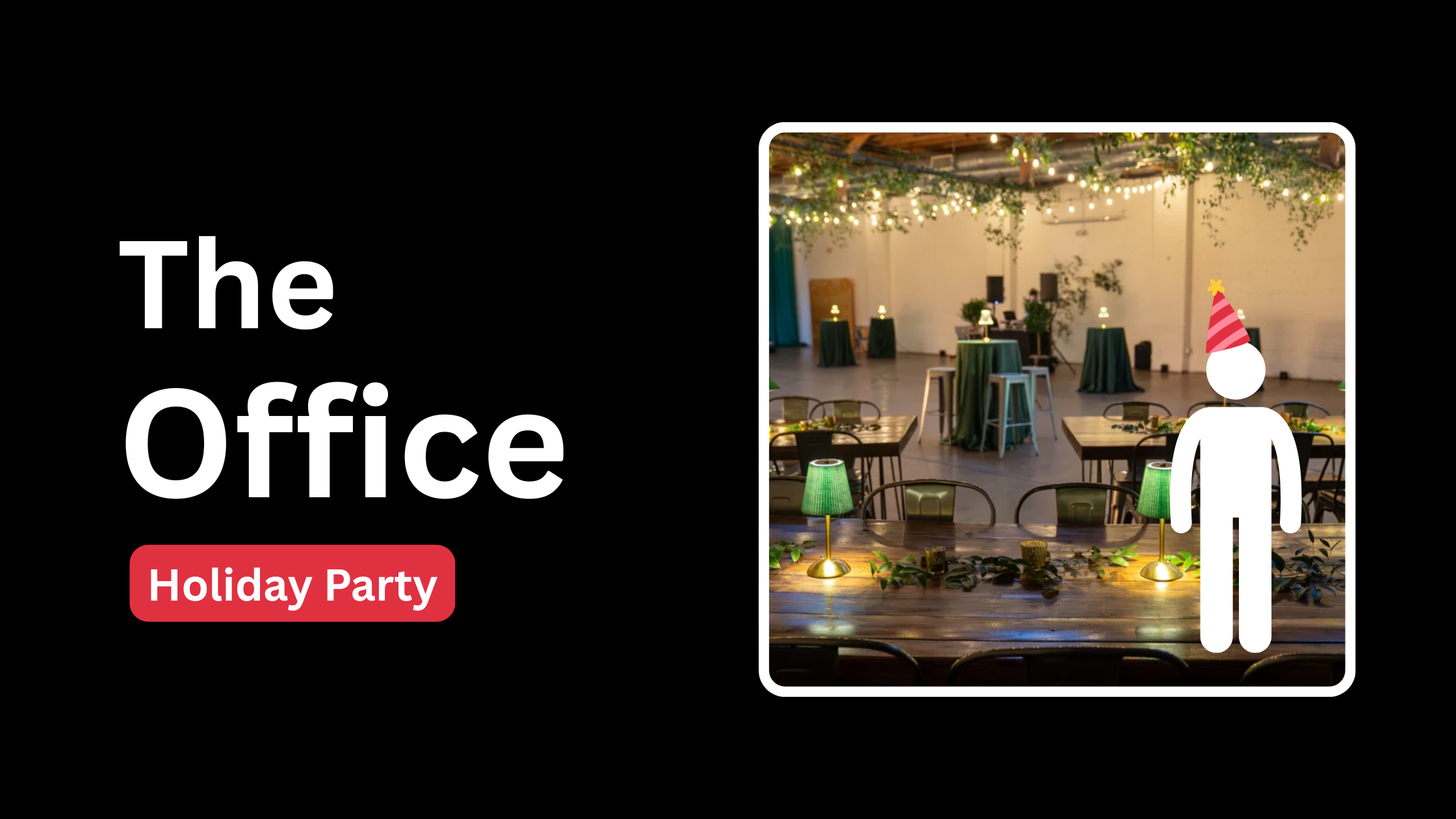 Holiday party graphic inspired by The Office TV show with SKYLIGHT'S Denver office holiday party photo in the background.