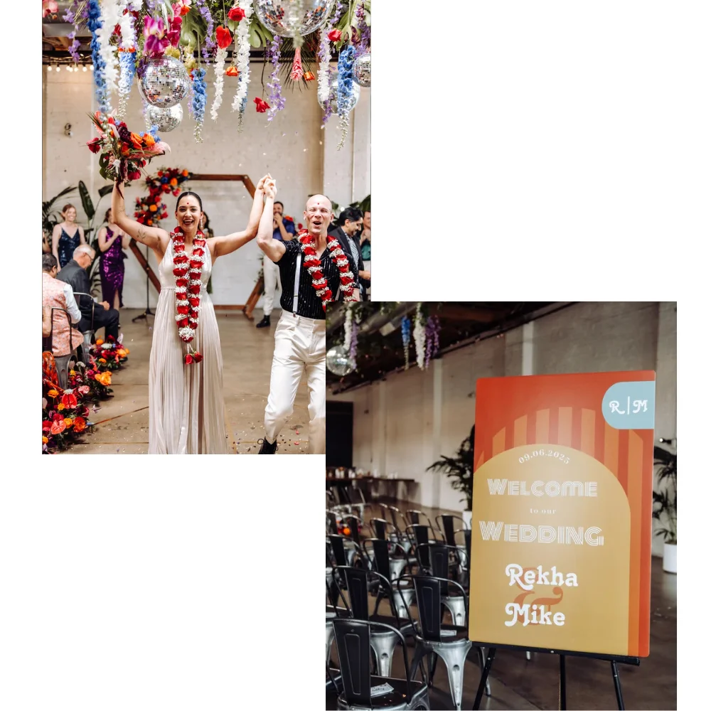 Collage of bride and groom walking down the aisle and a welcome sign at SKYLIGHT, a nontraditional wedding venue in Denver