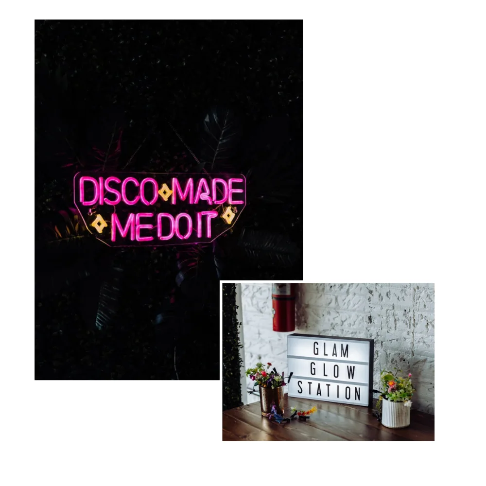 Neon sign reading “Disco Made Me Do It” and a Glam Glow station at a SKYLIGHT Denver wedding, highlighting interactive guest experiences at a nontraditional wedding venue