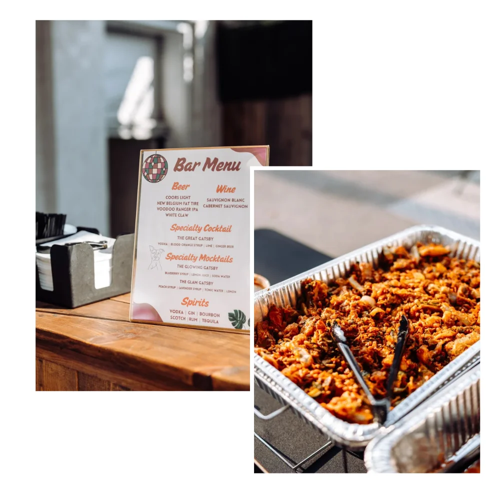 Bar signage and Indian food served in a chafing dish at a SKYLIGHT Denver wedding, showcasing unique catering options at a nontraditional wedding venue